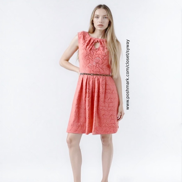 NWT Ellen Tracy Pink Coral Dress with Gold Shimmer Jacquard Design Fit and Flare - Picture 1 of 14